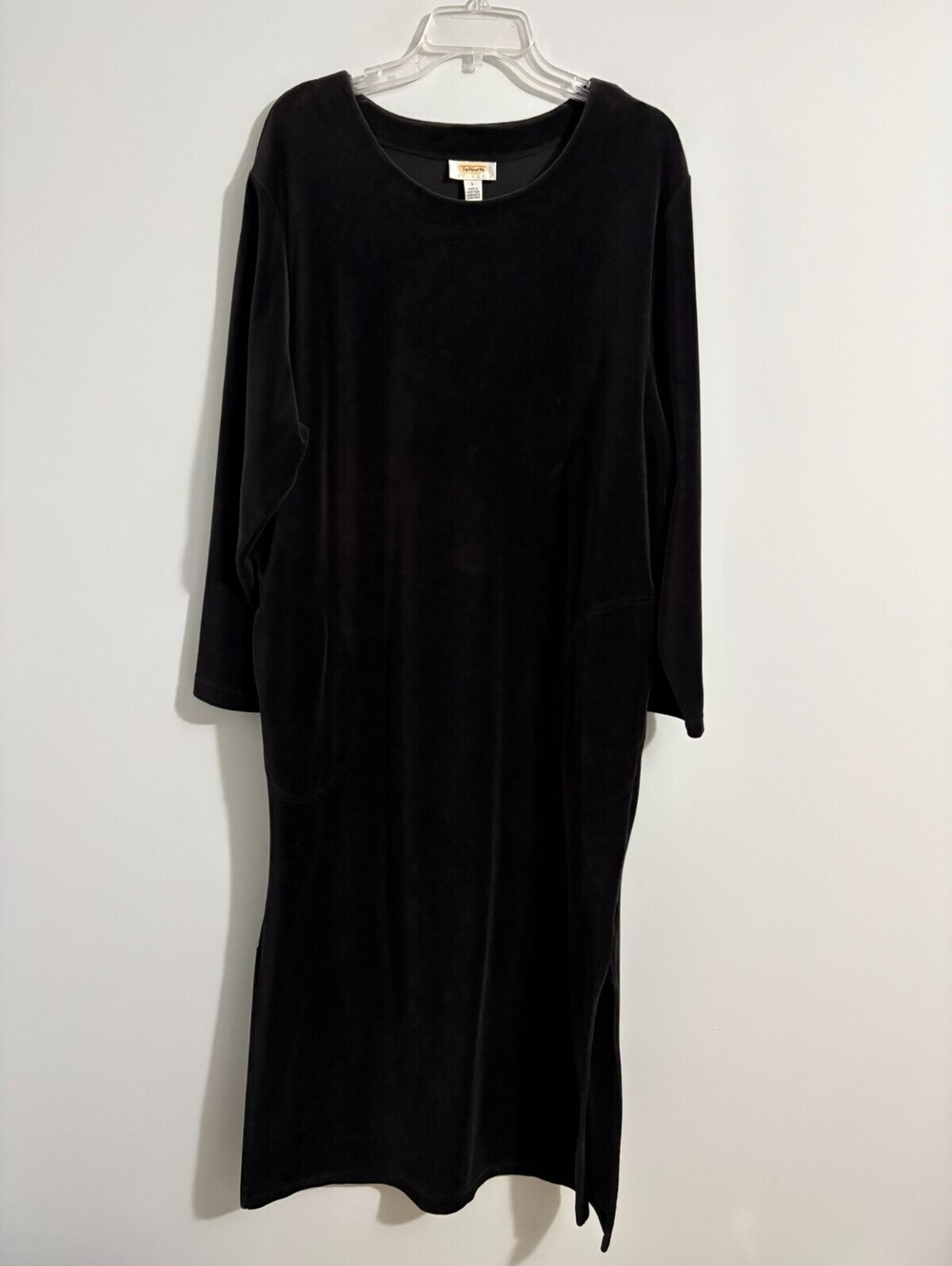 Talbots Intimates Velour Pocket Black Long Sleeve Pullover Lounge Maxi Dress L